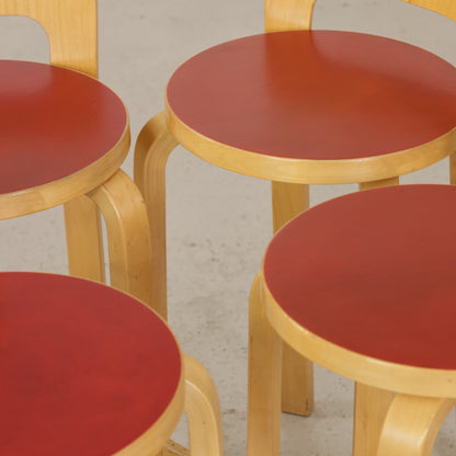 Alvar Aalto K65 high chair for Artek in patinated birch with a red linoleum seat