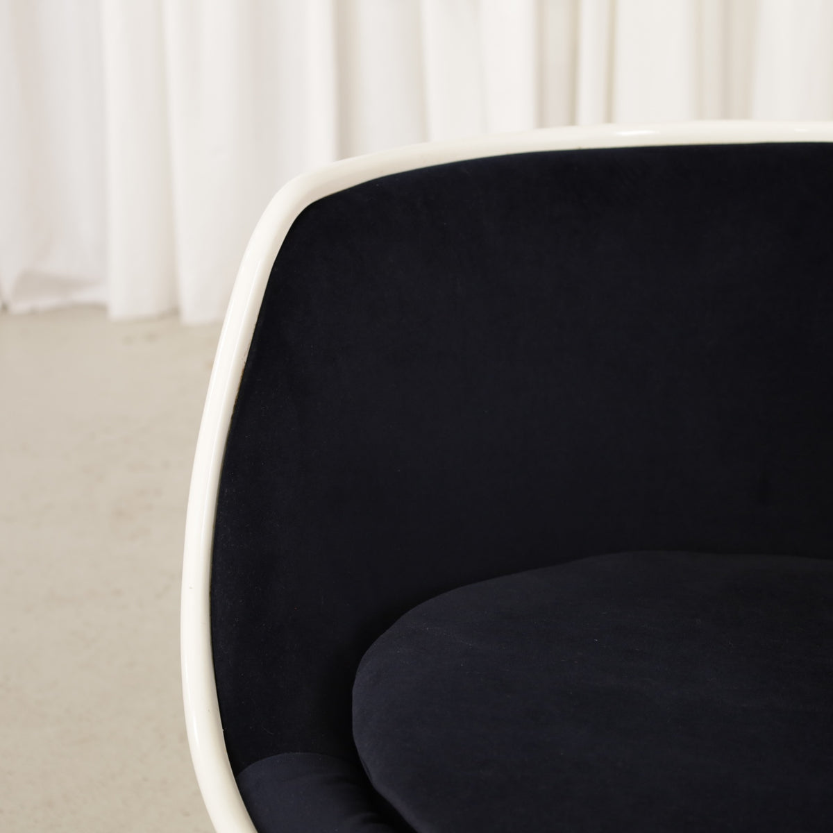 Eero Aarnio Cognac chair for Asko with new black velvet upholstery, chair and upholstery detail