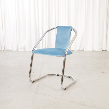 Italian-style chrome dining chair with blue upholstery — condition and details