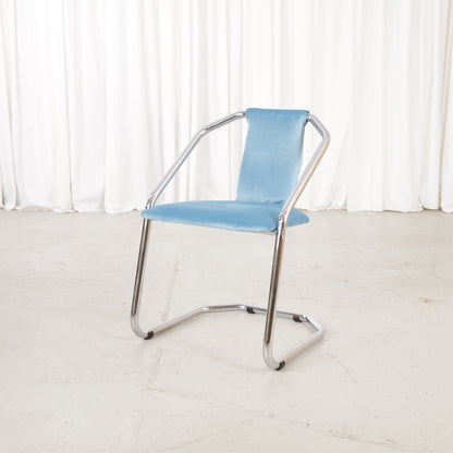 Italian-style chrome dining chair with blue upholstery — condition and details
