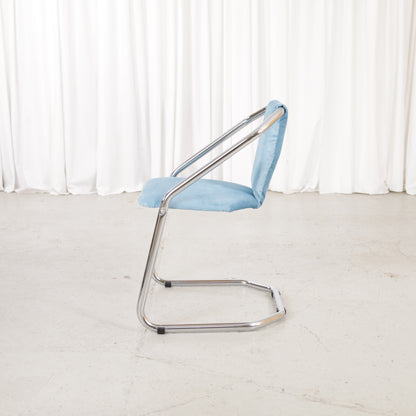 Italian-style chrome dining chair with blue upholstery — condition and details