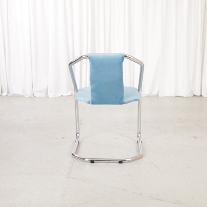 Italian-style chrome dining chair with blue upholstery — condition and details