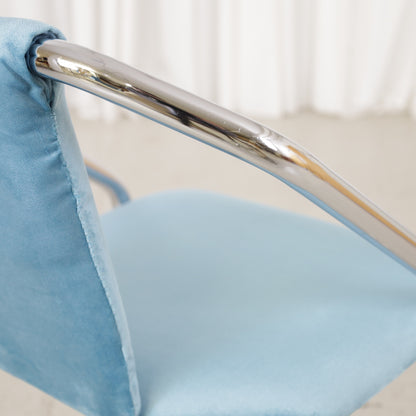 Italian-style chrome dining chair with blue upholstery — condition and details