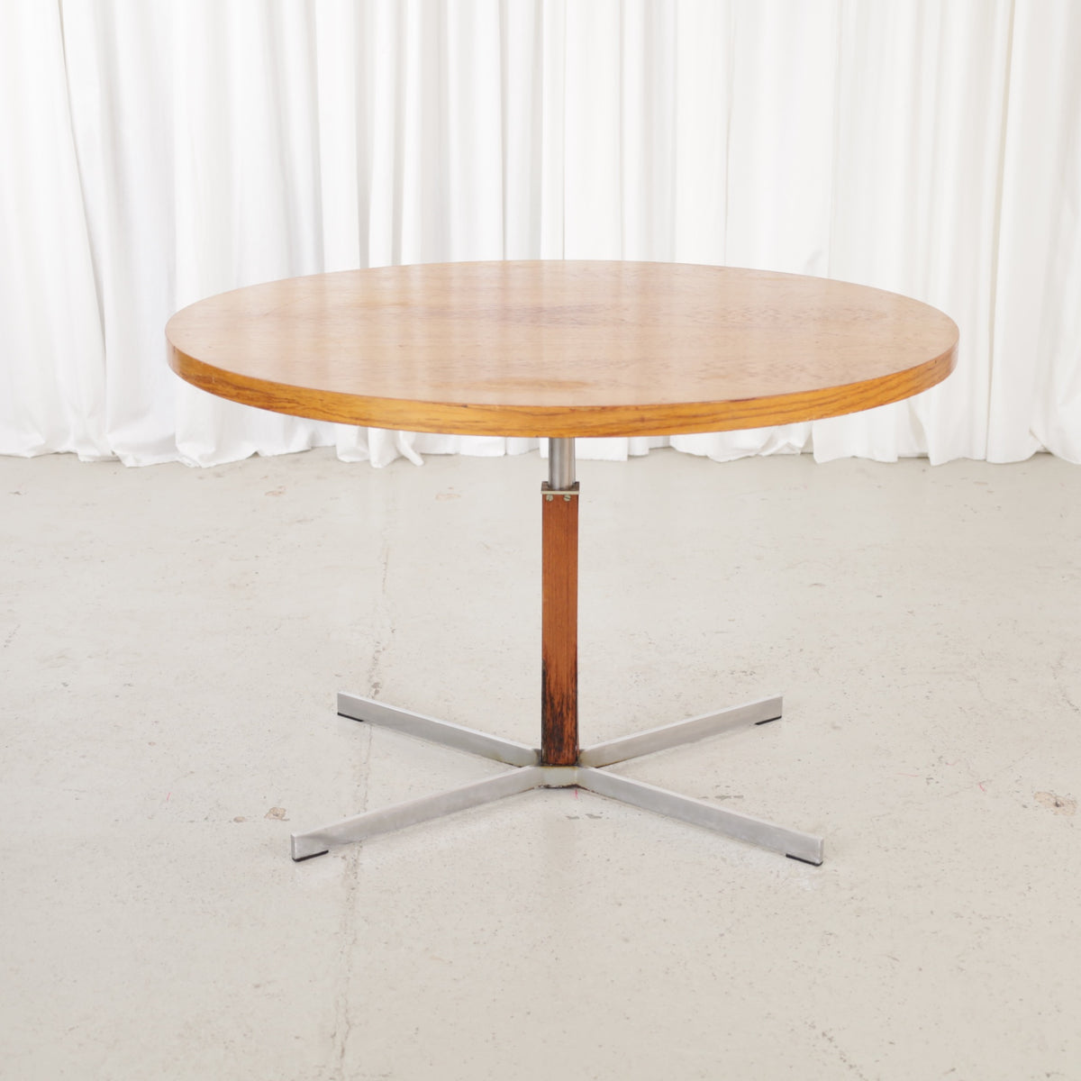 Vintage height-adjustable table with teak top and chrome base — full table view