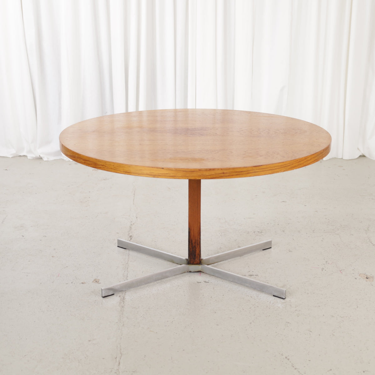 Vintage height-adjustable table with teak top and chrome base — full table view