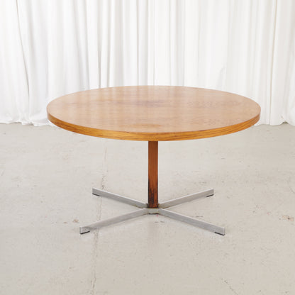 Vintage height-adjustable table with teak top and chrome base — full table view