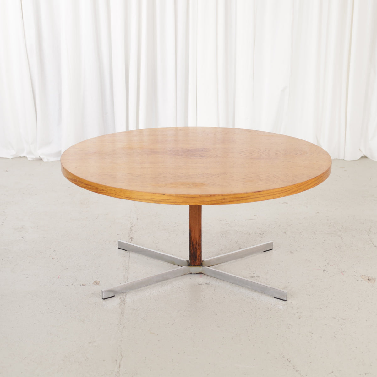 Vintage height-adjustable table with teak top and chrome base — full table view