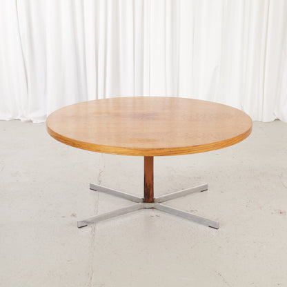 Vintage height-adjustable table with teak top and chrome base — full table view