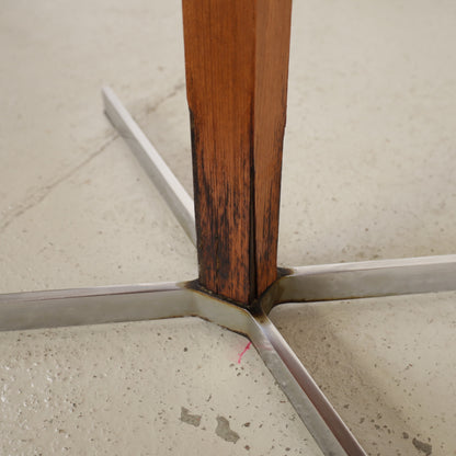 Vintage height-adjustable table with teak top and chrome base — surface, base or mechanism detail