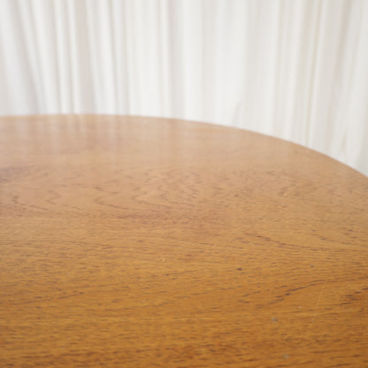 Vintage height-adjustable table with teak top and chrome base — surface, base or mechanism detail