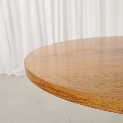 Vintage height-adjustable table with teak top and chrome base — surface, base or mechanism detail