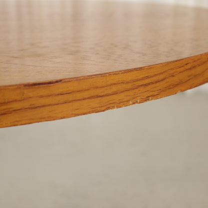 Vintage height-adjustable table with teak top and chrome base — surface, base or mechanism detail