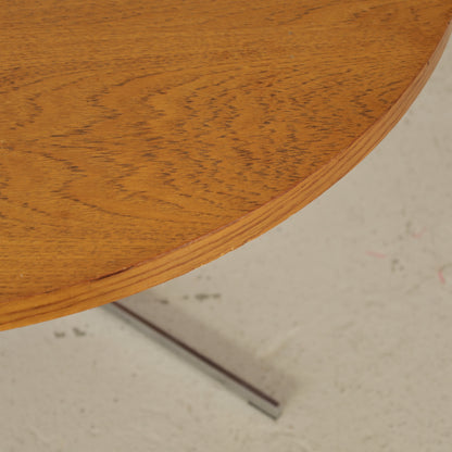 Vintage height-adjustable table with teak top and chrome base — surface, base or mechanism detail