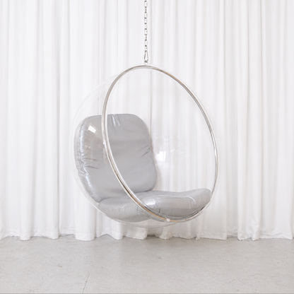 Eero Aarnio Bubble Chair with clear acrylic shell and silver leather cushions