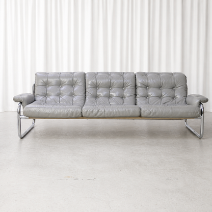 Front view of grey leather IKEA Borkum three-seater sofa