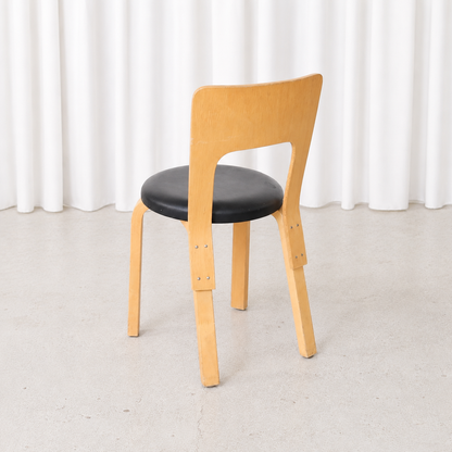 Artek Chair 66 in Birch with Black Leather Seat by Alvar Aalto