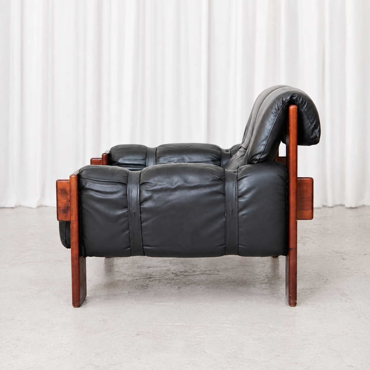 Vintage Brazilian Armchairs in Black Leather and Wood
