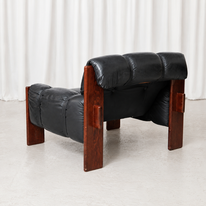 Vintage Brazilian Armchairs in Black Leather and Wood