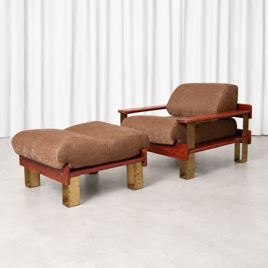 Rare 1970s Armchair and Ottoman with Rosewood and Brass