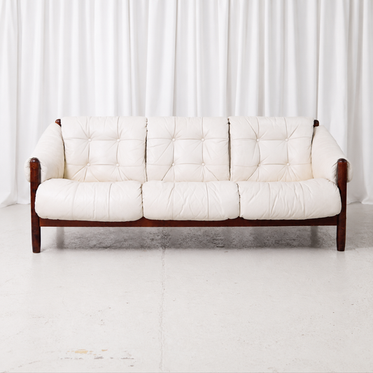 Vintage Brazilian Style Three-Seater Sofa in White Leather