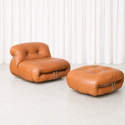 Tobia Scarpa Soriana Armchair and Ottoman in Cognac Leather for Cassina