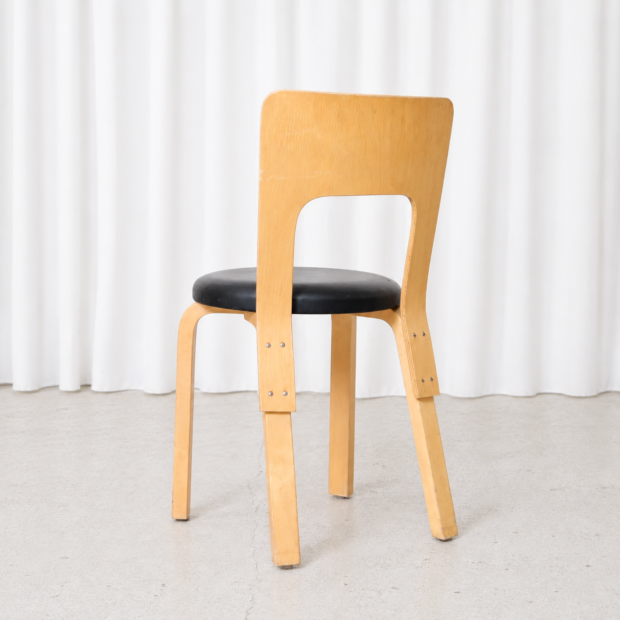 Artek Chair 66 in Birch with Black Leather Seat by Alvar Aalto