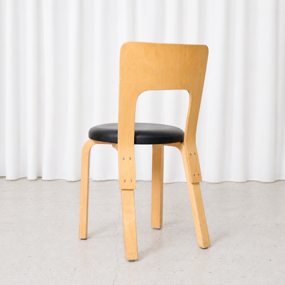 Artek Chair 66 in Birch with Black Leather Seat by Alvar Aalto