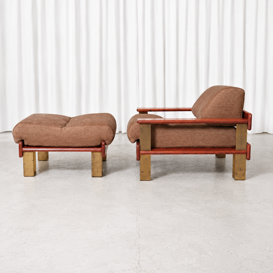 Rare 1970s Armchair and Ottoman with Rosewood and Brass