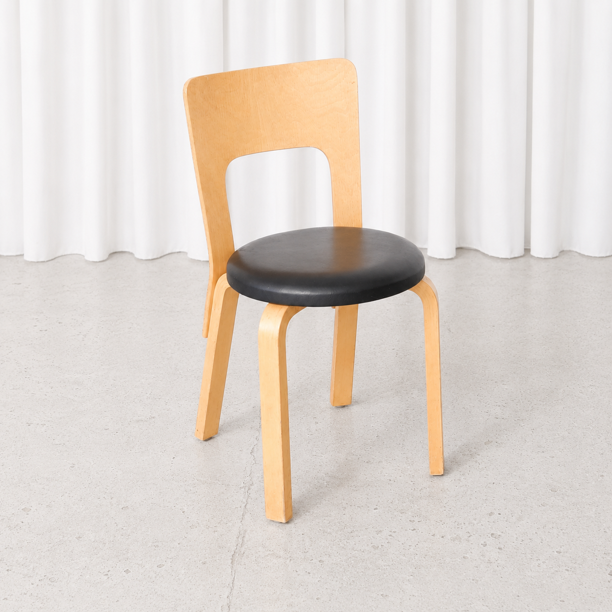 Artek Chair 66 in Birch with Black Leather Seat by Alvar Aalto