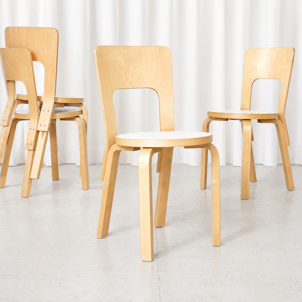 Alvar Aalto Artek 66 Chairs with White Laminate Seats