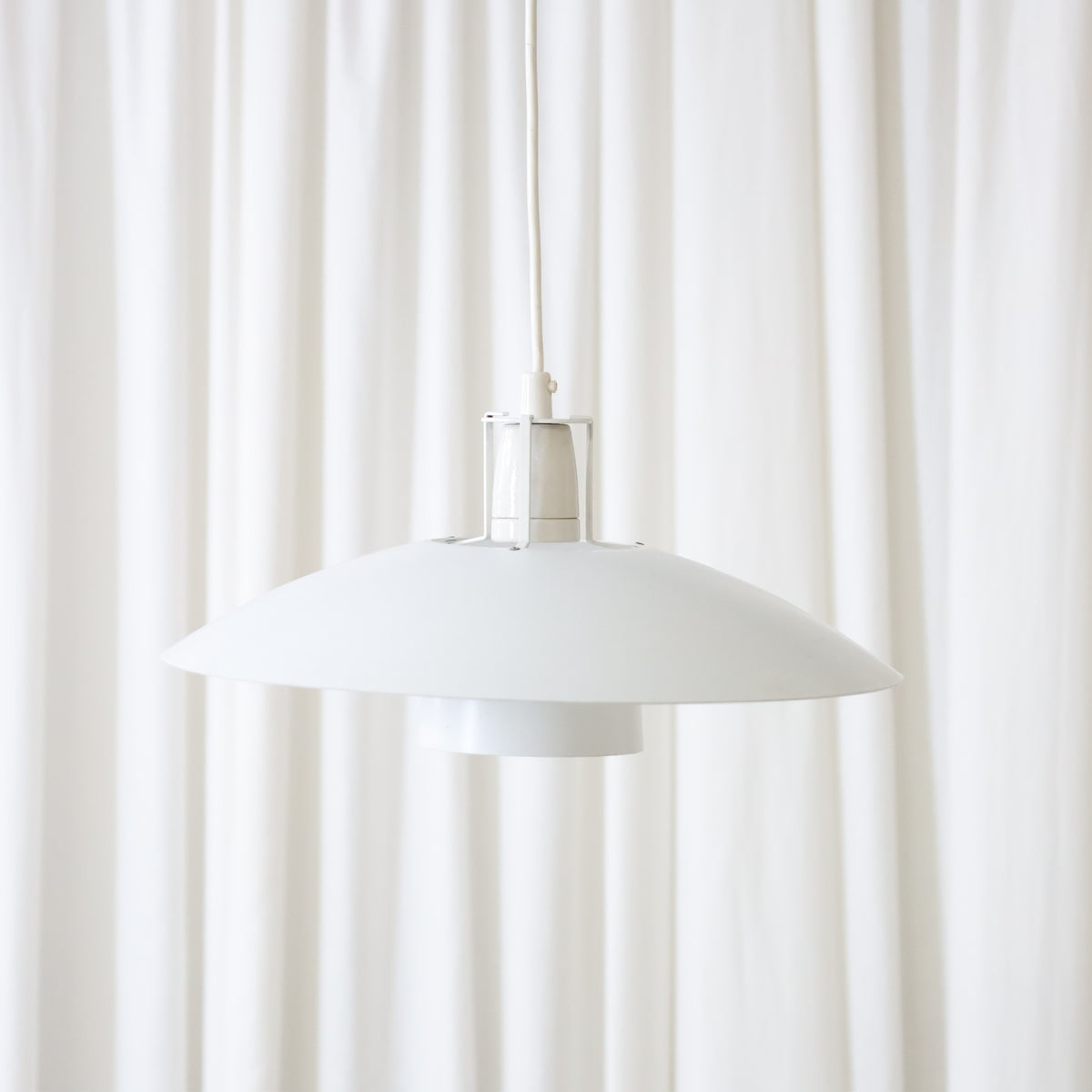Juha Leiviskä JL340 Pendant Lamp for Valaisinpaja, juha Leiviskä JL340 pendant lamp in white metal by Valaisinpaja, three-quarter view