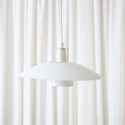Juha Leiviskä JL340 Pendant Lamp for Valaisinpaja, juha Leiviskä JL340 pendant lamp in white metal by Valaisinpaja, three-quarter view