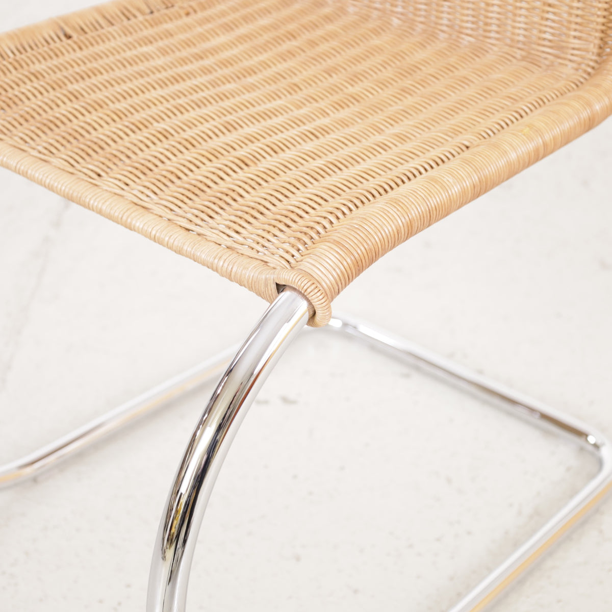 Knoll MR10 rattan chair by Ludwig Mies van der Rohe, rattan and chrome detail