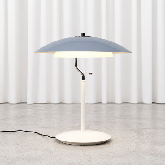 White Aurora table lamp by Olle Andersson for Boréns, illuminated front view