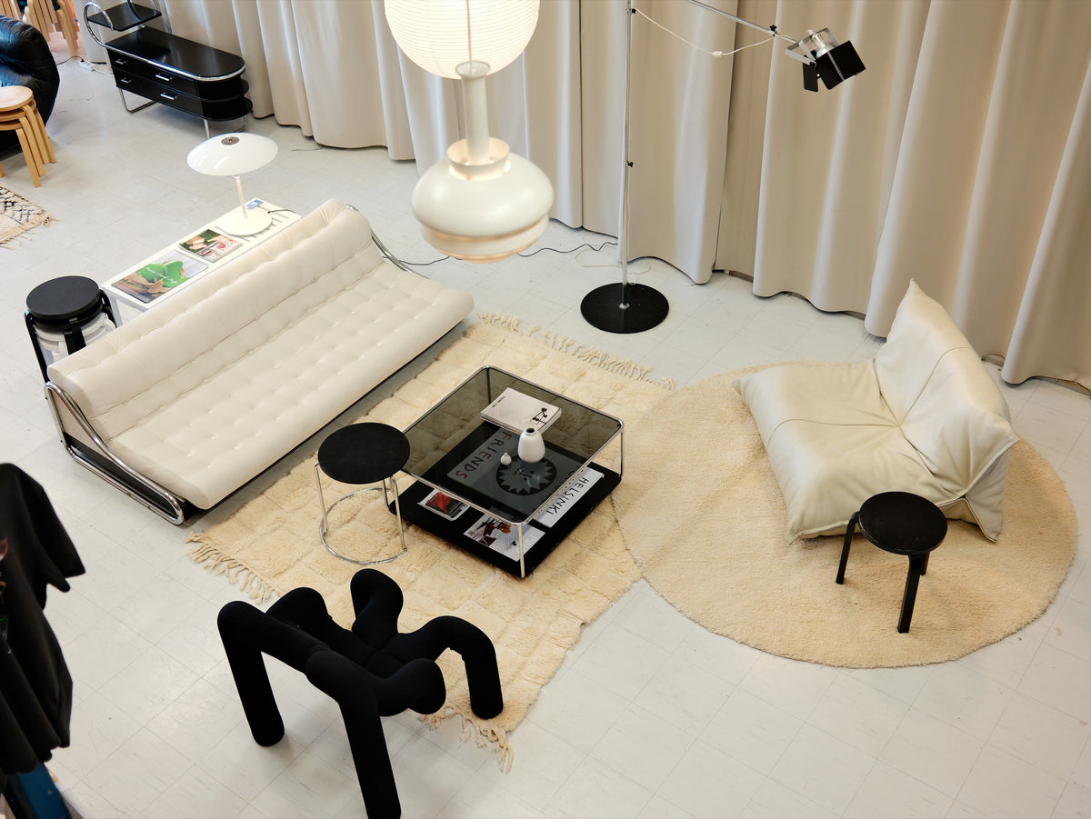 Vintage sofas and lounge chairs at the Pino Interiors showroom in Kalasatama, Helsinki
