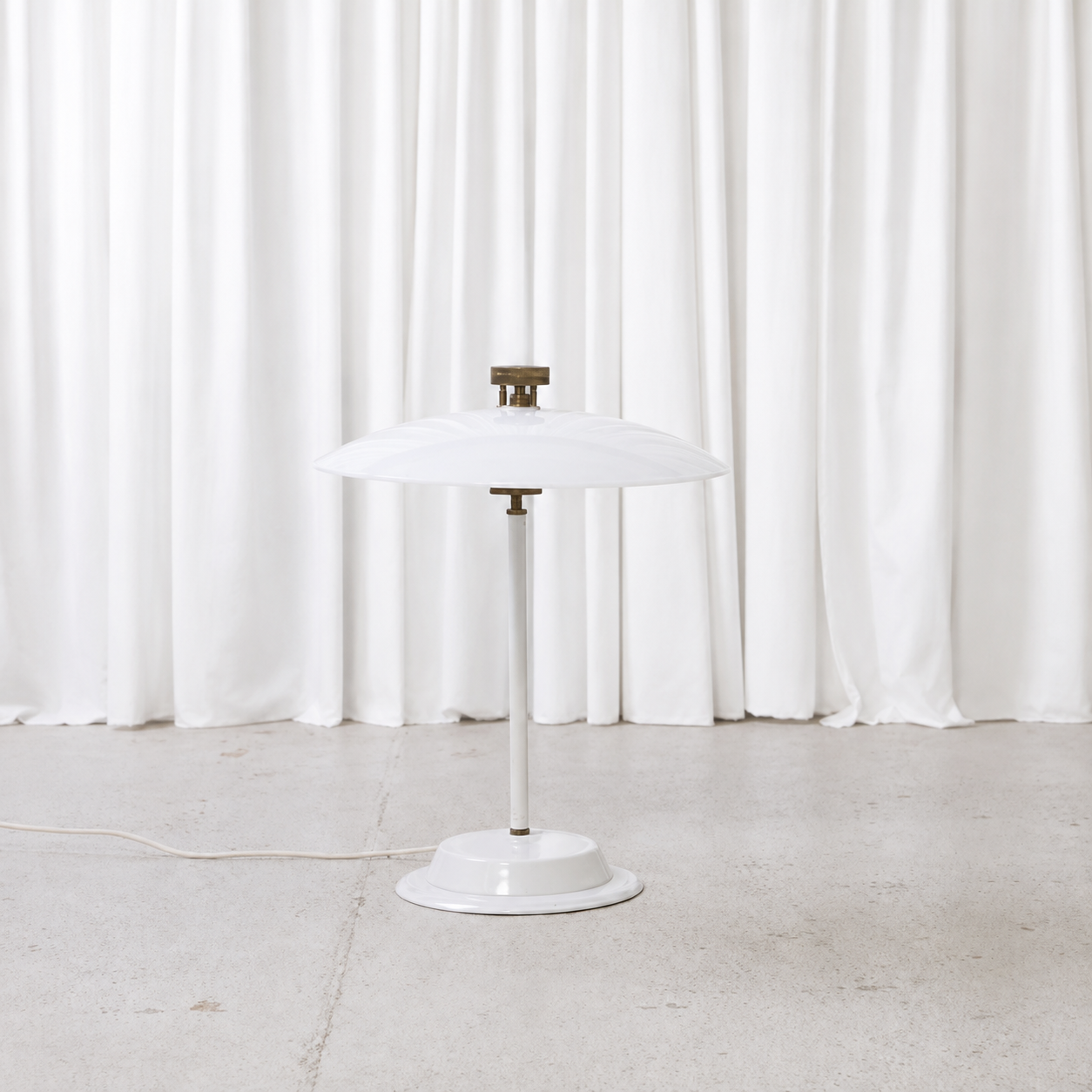Front view of vintage table lamp with translucent acrylic shade