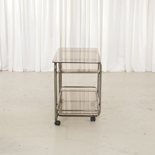 Vintage Italian-Style Chrome and Smoked Glass Serving Trolley, vintage chrome and smoked glass serving trolley, end view