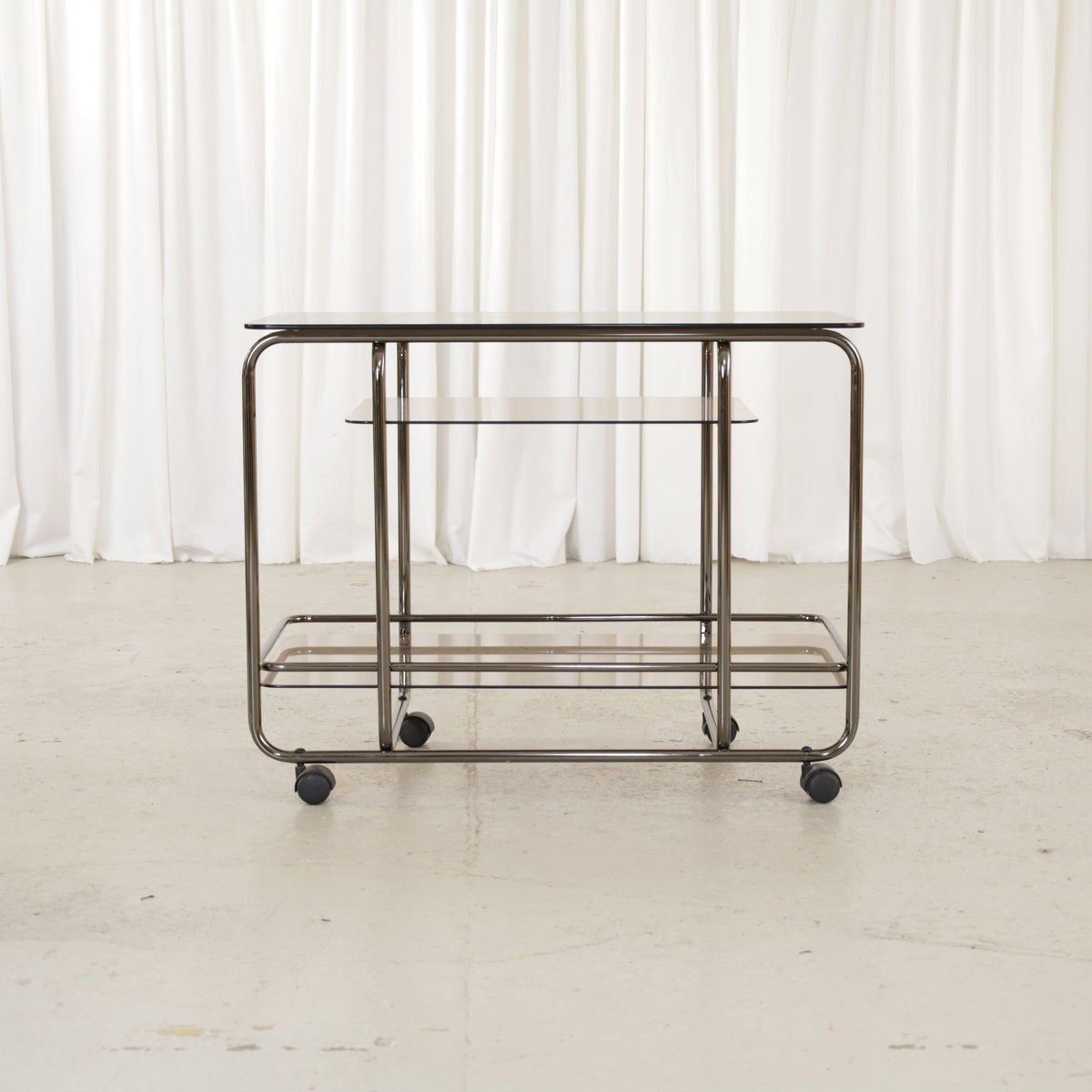 Vintage Italian-Style Chrome and Smoked Glass Serving Trolley, vintage chrome and smoked glass serving trolley, front view