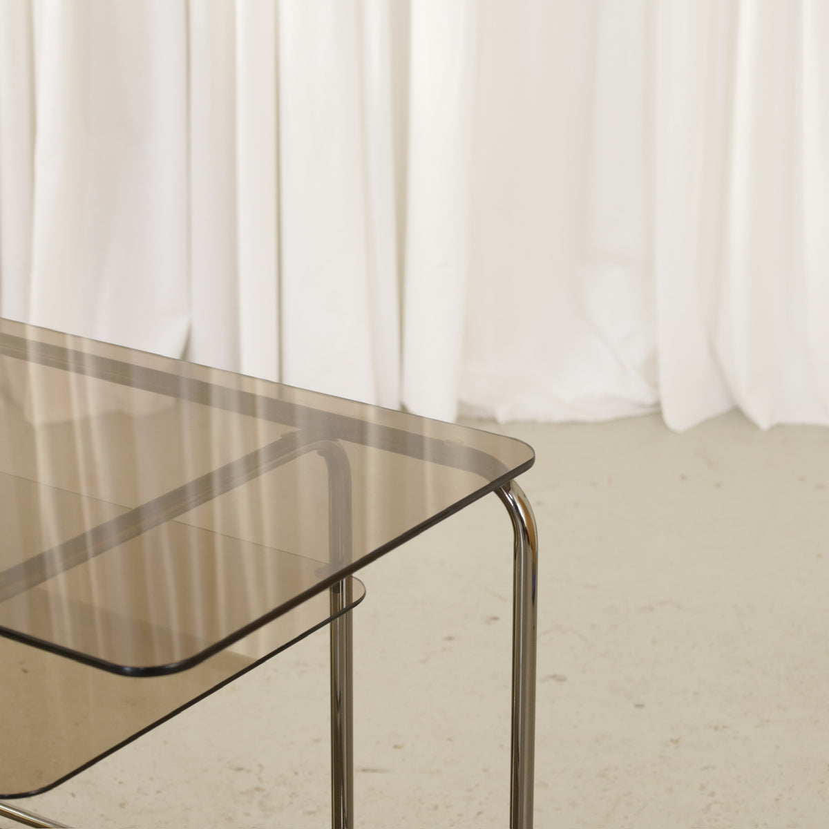 Vintage Italian-Style Chrome and Smoked Glass Serving Trolley, vintage chrome and smoked glass serving trolley, glass and frame detail