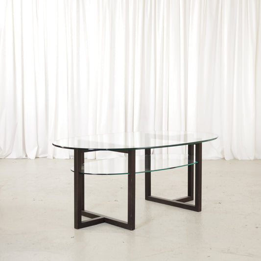 Vintage Italian-Style Oval Glass Coffee Table with Black Wooden Frame, vintage oval glass coffee table with black wooden frame, view of the two-tier