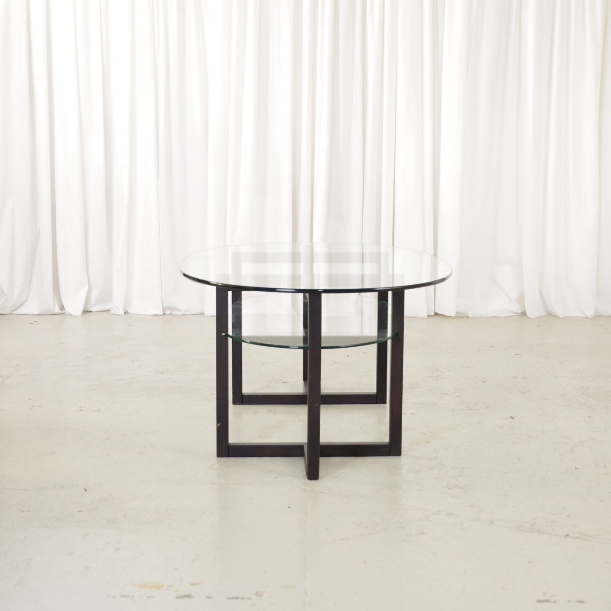 Vintage Italian-Style Oval Glass Coffee Table with Black Wooden Frame, vintage oval glass coffee table with black wooden frame, view of the two-tier