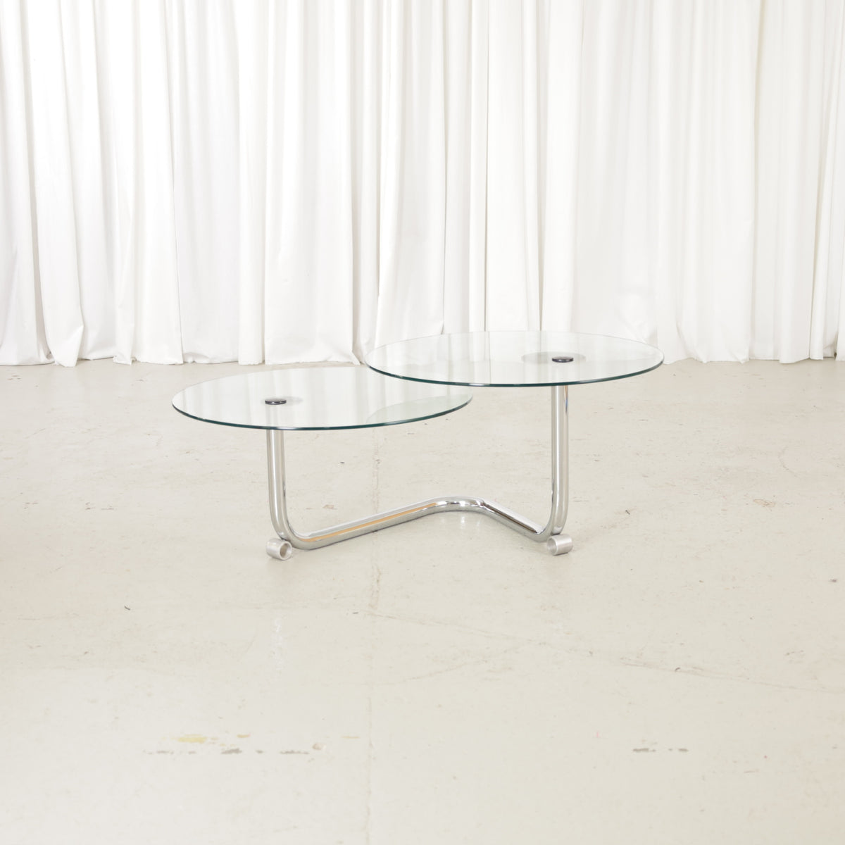 Vintage Italian-Style Swivel Glass Coffee Table in Chrome, vintage swivel glass coffee table with two circular tops, front view