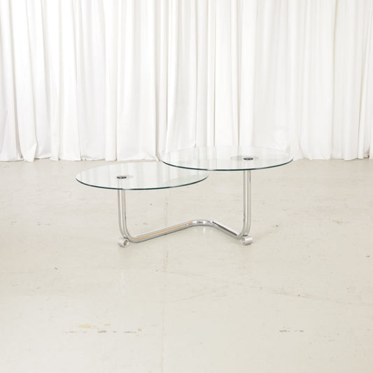 Vintage Italian-Style Swivel Glass Coffee Table in Chrome, vintage swivel glass coffee table with two circular tops, front view