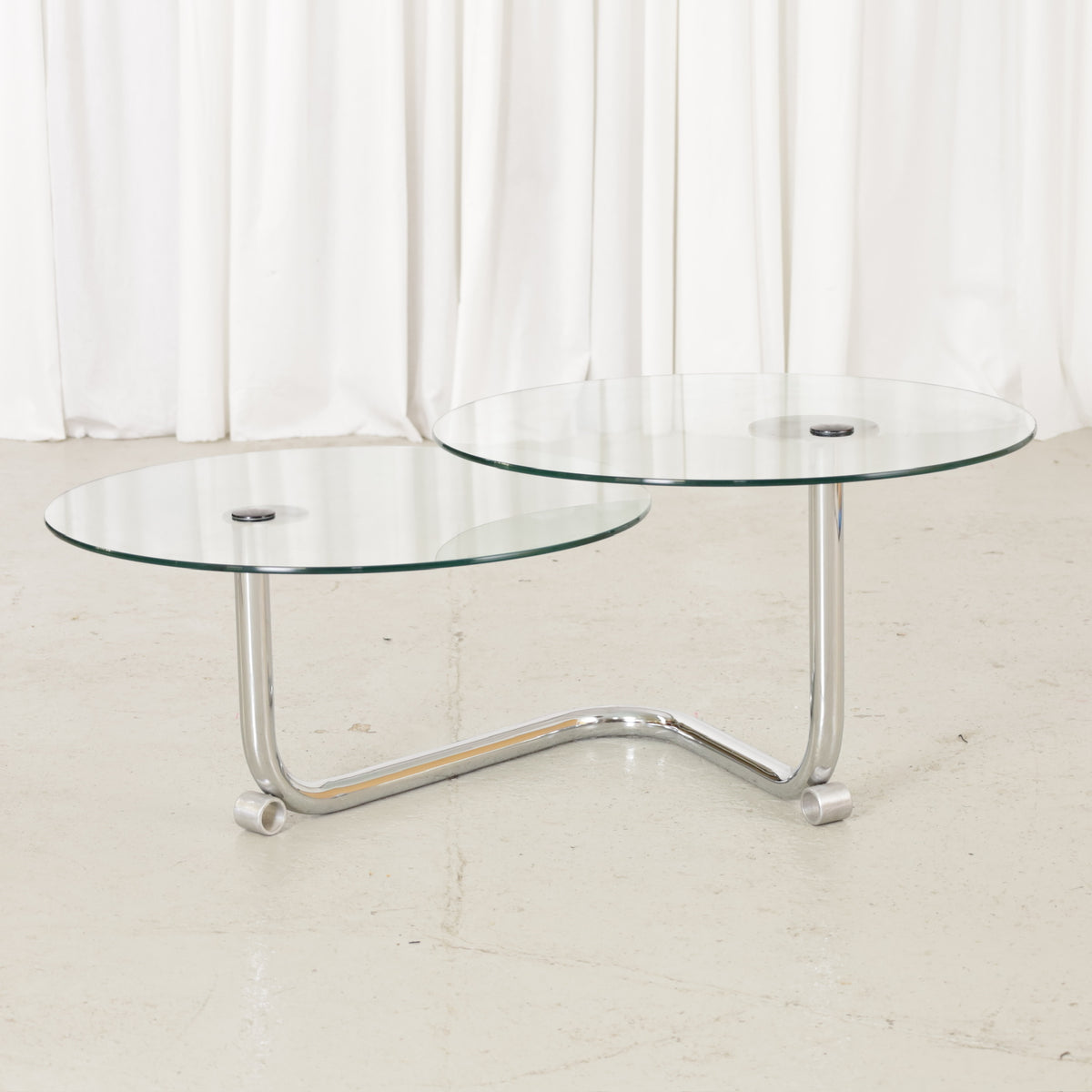 Vintage Italian-Style Swivel Glass Coffee Table in Chrome, vintage chrome swivel glass coffee table, close three-quarter view