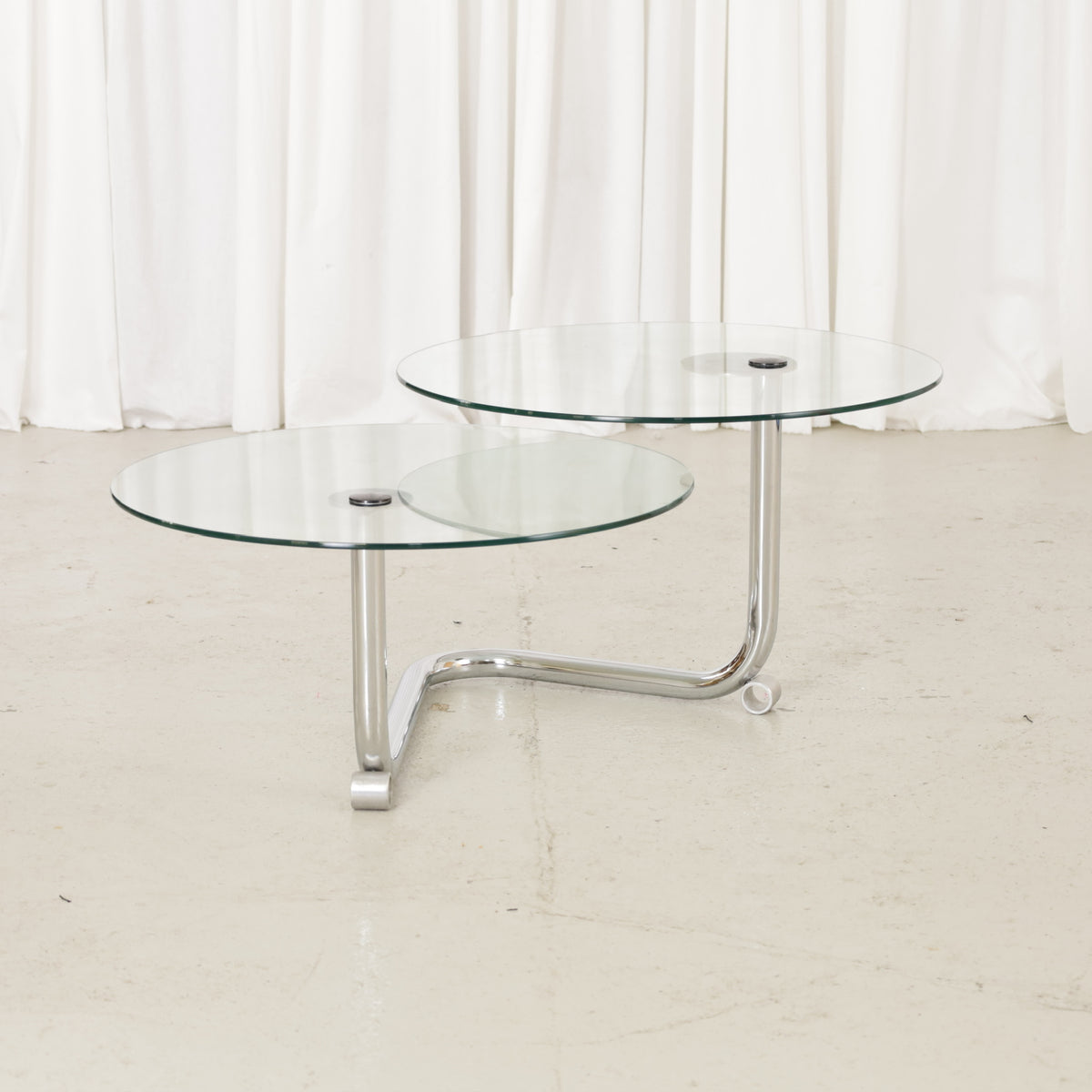 Vintage Italian-Style Swivel Glass Coffee Table in Chrome, vintage chrome and glass coffee table with rotating tops, opposite angle