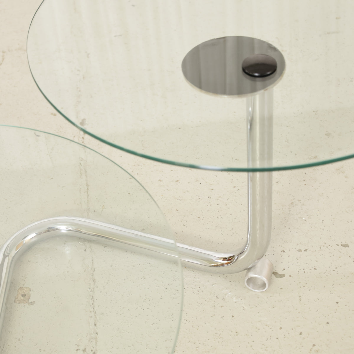 Vintage Italian-Style Swivel Glass Coffee Table in Chrome, vintage chrome swivel coffee table, leg and glass detail