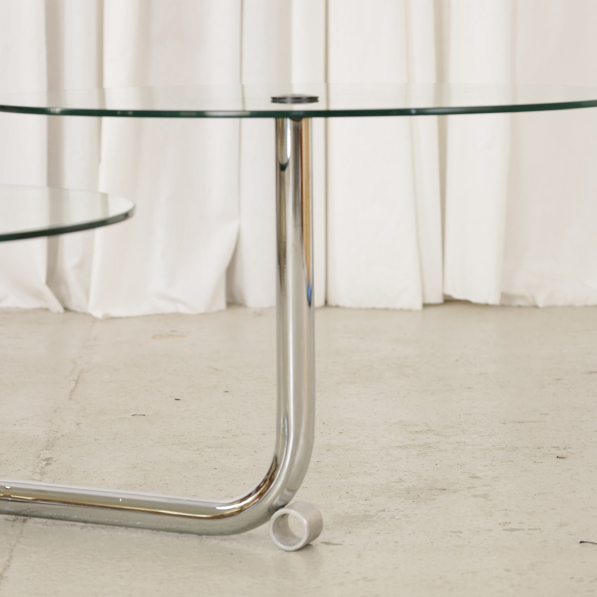 Vintage Italian-Style Swivel Glass Coffee Table in Chrome, vintage swivel glass coffee table, chrome base detail