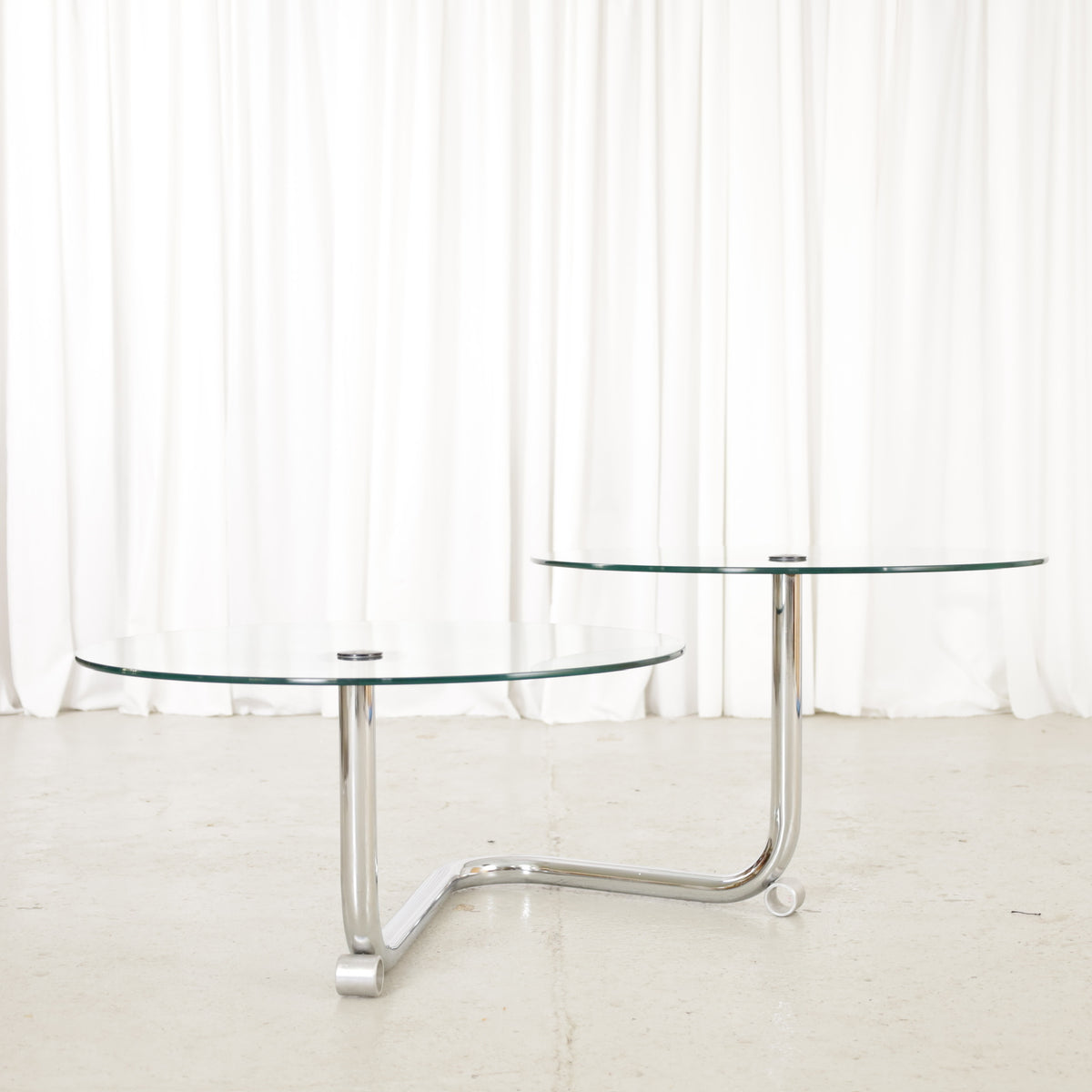 Vintage Italian-Style Swivel Glass Coffee Table in Chrome, vintage chrome and glass coffee table, pivot cap detail