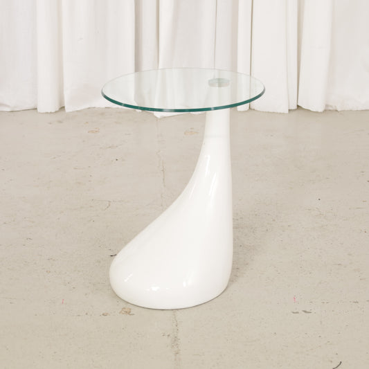 Vintage Space Age Side Table with Glass Top, vintage Space Age side table with round glass top and sculptural white base