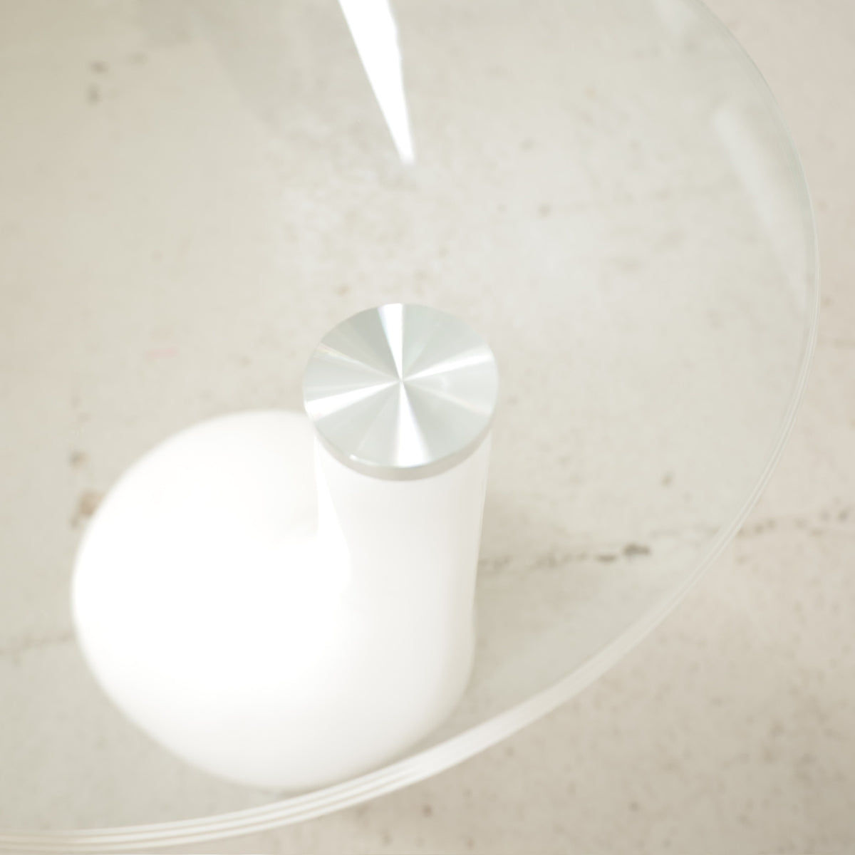 Vintage Space Age Side Table with Glass Top, detail of round glass tabletop and white base